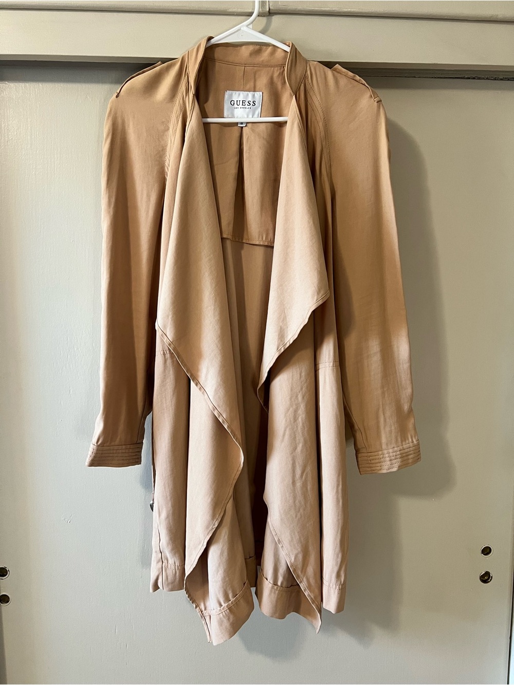 Women’s GUESS Tan Draped Trench Coat Belted Waterfall Front XS